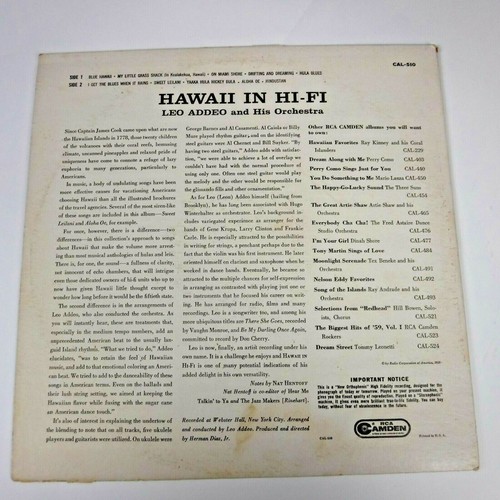Vtg 1959 Leo Addeo and His Orchestra Hawaii in Hi-Fi Vinyl LP RCA Camden Stereo - Picture 2 of 8