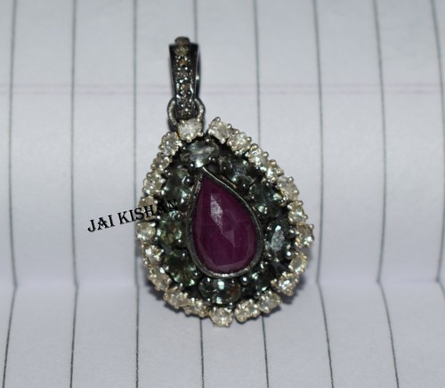 Echt Grün Saphir Rubin Edelstein Polki Pave Diamant 925 Sterling Silber Anhänger - Bild 7 von 7