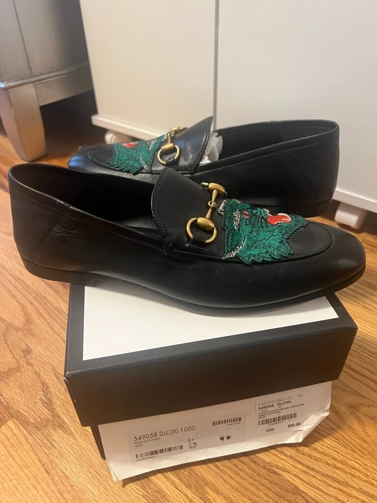 Gucci Brixton Loafer Black Leather Horsebit Accent Green Cat UK 7