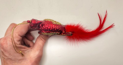 Modern Shiny Red Bird Christmas Ornament Long Feather Tail Gold Glitter Berries  - Picture 5 of 5