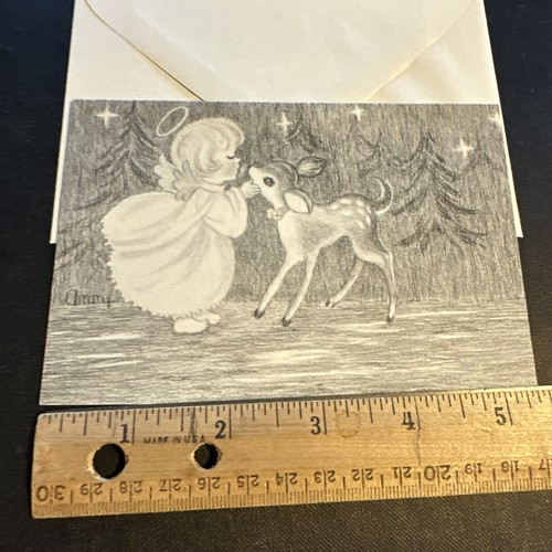 Vintage Weihnachtskarte UNBENUTZT Engel Ann Adams Rehkitz Wälder Tannenbäume mit Umschlag - Bild 2 von 5