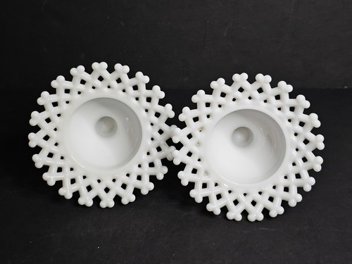 Westmoreland Milk Glass Lattice Open Lace Candlestick Holders Taper Candle Set 2 - Picture 3 of 7