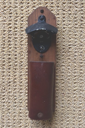 Vintage Wall-Mount Starr X Bottle Opener Wooden Backplate & Leather Cap Catcher