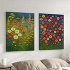 2pcs  Vibrant Red Poppies Daisies & Multicolor Blooms Wall Art Canvas Unframed