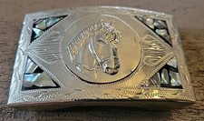 Vintage Horse Etched Pattern Inlaid Abalone and Silvertone Belt Buckle