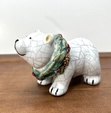 Christmas 5" Glazed Ceramic Holiday Wreath Polar Bear Crackle Design Figurine
