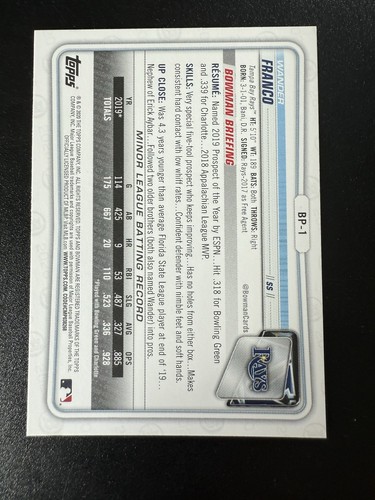 2020 Bowman Prospects Wander Franco Camo Rookie #BP-1 Camouflage Baseball - Picture 2 of 2