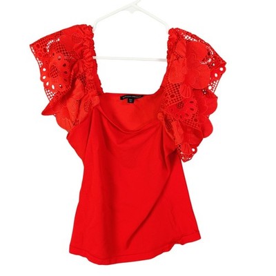Boston Proper Womens Romantic Coquette Spanish Lace Flutter Sleeve Top L Red