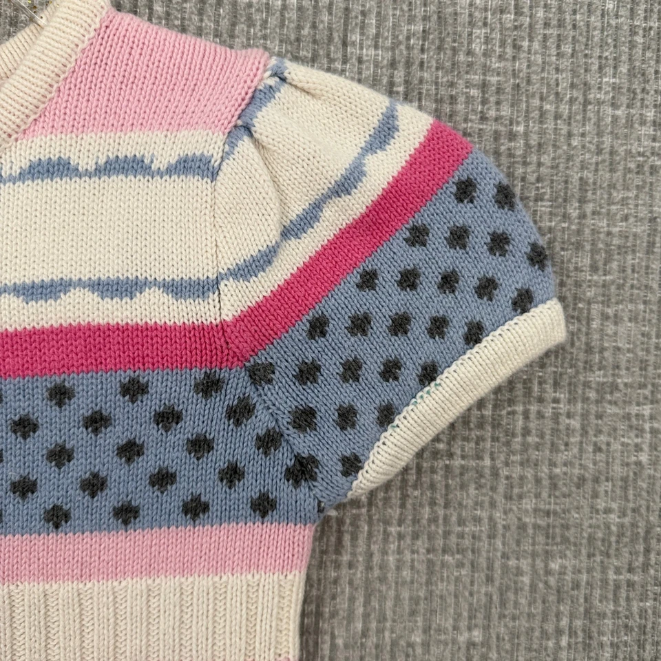 Hartstrings Girls Knit Dress Sz 6/6X Pink Striped Short Sleeve Pom Pom Fair Isle - Image 4 of 4