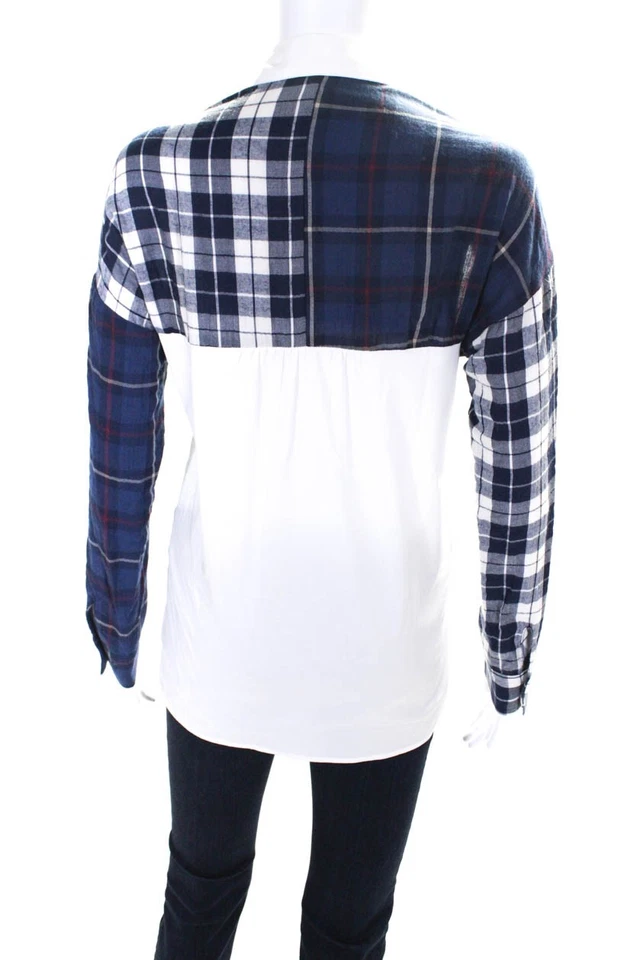 Camisa Drew Mujer Botón Frontal Cuadros Manga Larga Cuello Blanco Azul Talla XS Foto 3 de 4