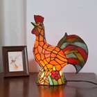 Retro Style Rooster Table Lamp LED Stained Glass Shade Bedside Desk Light