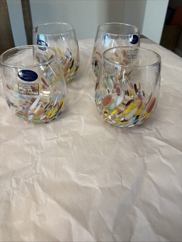 4 Murano White Crystal Multi ColoredConfetti Stemless Tumblers Hand Made Italy - Picture 10 of 10