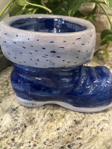 "Plato de caramelo de bota de Santa azul esmaltado con sal grande Rowe Pottery Works retirado 10x7,5""" - Imagen 3 de 14