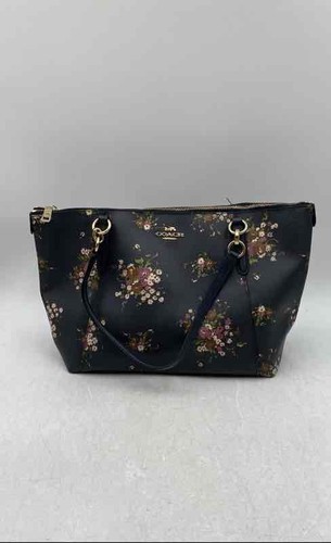 Coach Womens Black Floral Leather Inner Pockets Zipper Tote Bag Purse