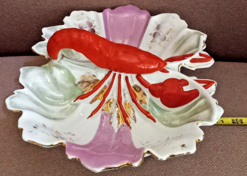 Vintage Large Divided Lobster Serving Platter / Bowl Porcelain Hand Painted - Picture 10 of 15