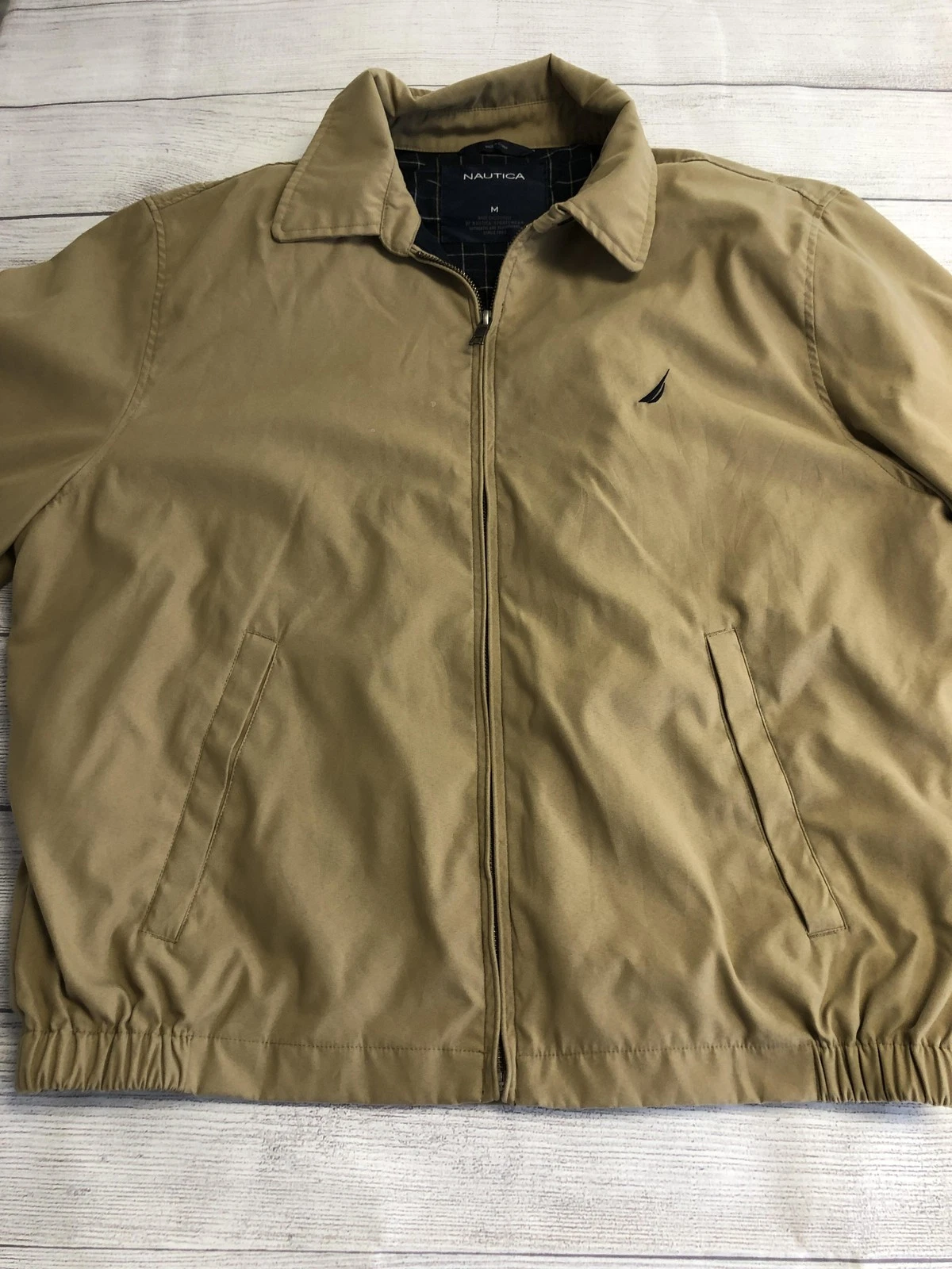 Nautica Jacket Mens Medium Khaki Bomber Zip Front Plaid Lined Logo image 3