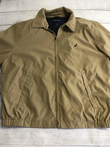 Nautica Jacket Mens Medium Khaki Bomber Zip Front Plaid Lined Logo image 3