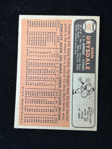 1966 Topps - Don Drysdale #430 Los Angeles Dodgers⚾️ - Imagen 2 de 2