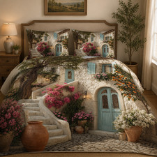 Sunlit Mediterranean Courtyard with Blue Shutters Bedding Set Quilt 3PCS