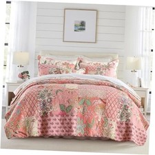 Cotton Patchwork Bedspread, 3-Piece California King Bohemian Floral Pink