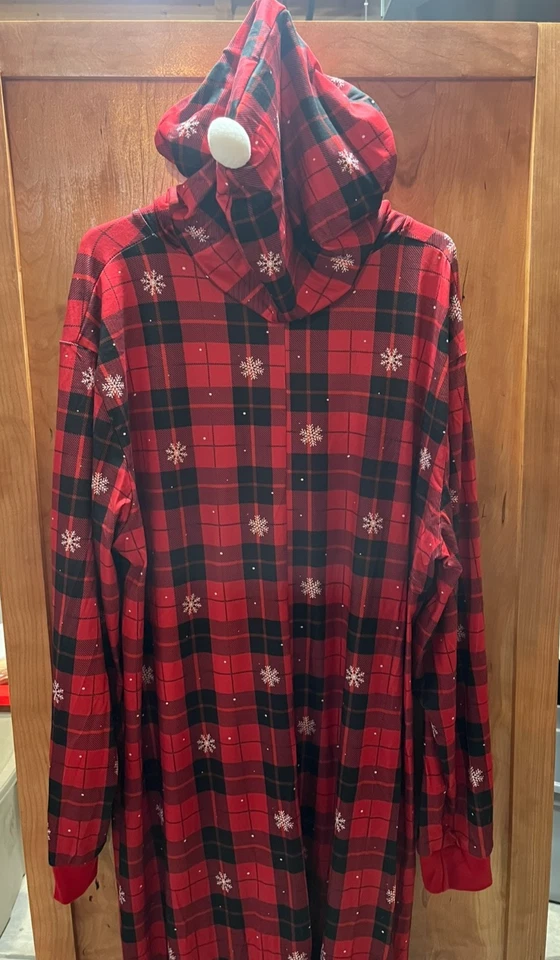 Pijama de una pieza de Navidad para adultos rojo a cuadros con capucha cara de Papá Noel cremallera Foto 2 de 4