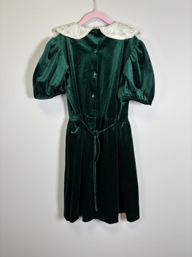 Vestido de terciopelo verde Emily West vintage de los años 80 con cuello y dobladillo de encaje talla 16 niñas - Imagen 5 de 6