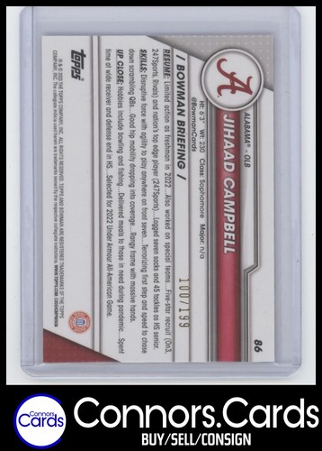CB Jihaad Campbell 2023 Bowman University Chrome #86 Blue Refractor /199 - Picture 2 of 2