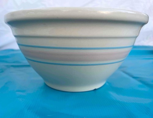 Vintage McCoy Oven Ware #10 Mixing Bowl Blue Pink Bands Pottery Made In USA - Picture 4 of 6