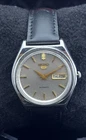 Vintage Seiko 5 Automatic Gray Dial Black Leather Strap Date/Day Working Watch