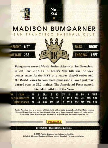 2015 Panini Diamond Kings #94 Madison Bumgarner - Picture 2 of 2