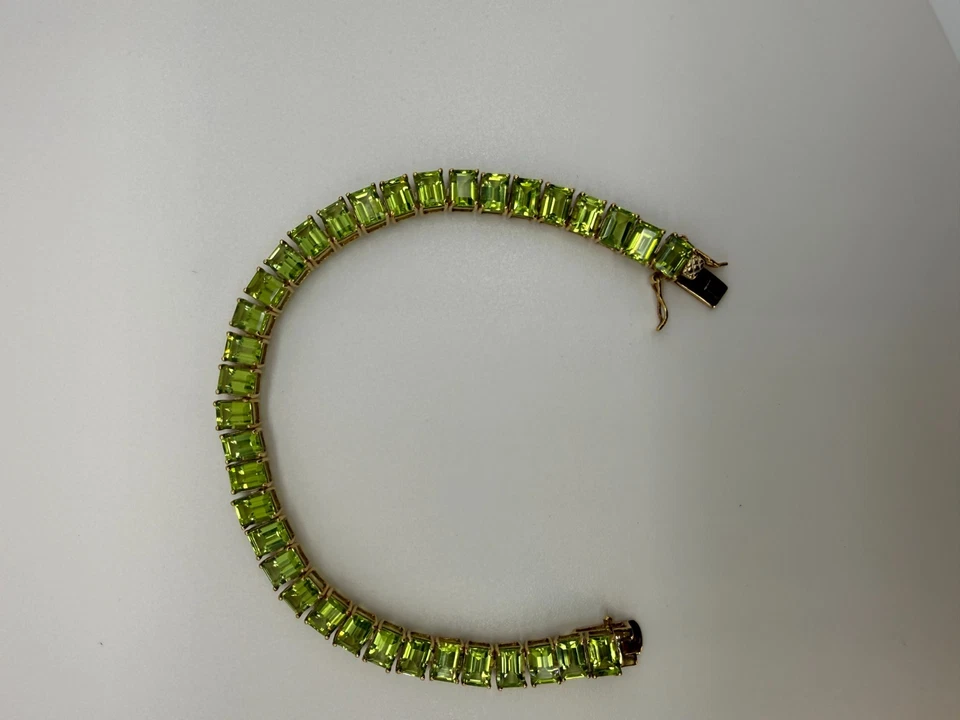 Elegant Green Peridot Tennis Bracelet Emerald Cut Gemstones 18K Gold over Silver - Image 4 of 4