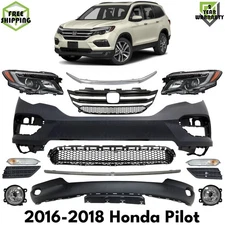 Front Bumper Cover Primed Plastic & Headlights Kit For 2016-2018 Honda Pilot