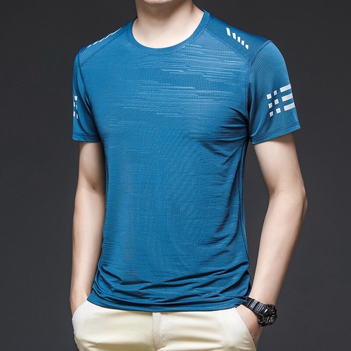 Summer Men's Ice Silk Sports Casual Solid Color Quick Dry Short Sleeve T-Shirt - Picture 9 of 11
