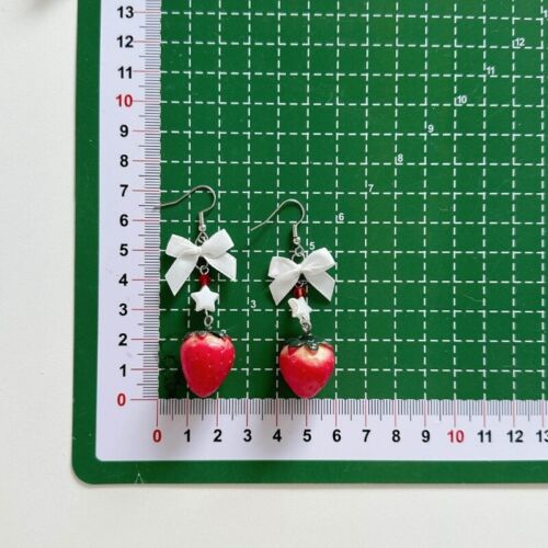 Handmade Bowknot Strawberry Earrings Unique and Stylish Fruit Dangle Ear Rings - Picture 4 of 8