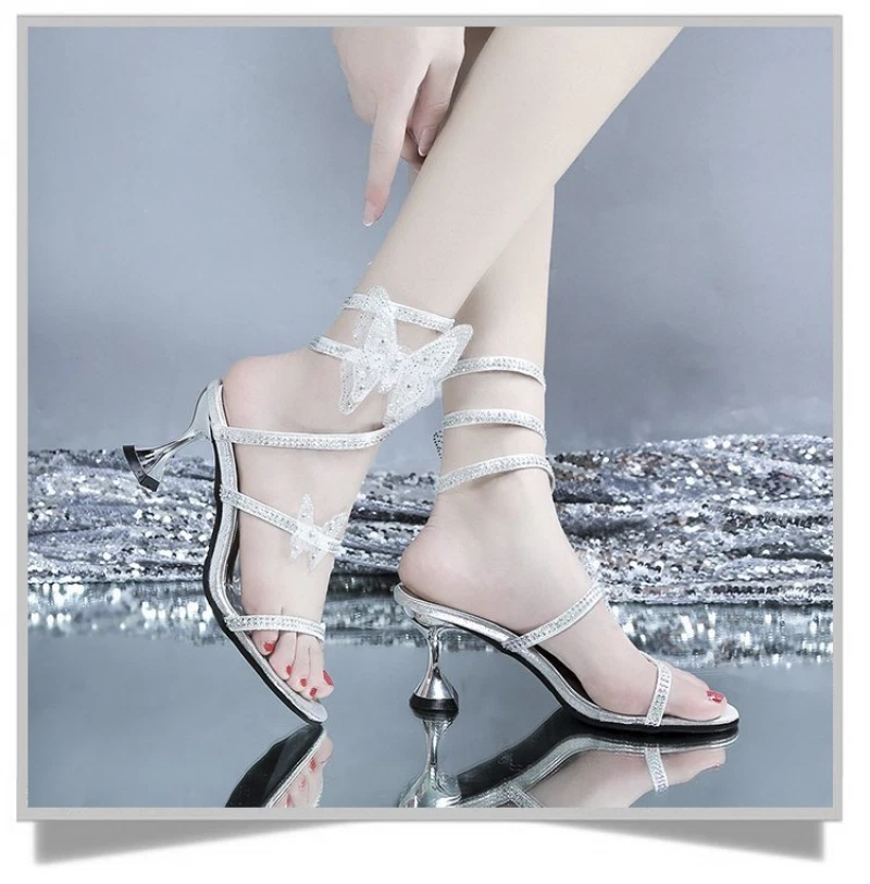 Summer Women Fashion Bling Bow Open Toe Sandals Party Shoes Middle Heel Sandals