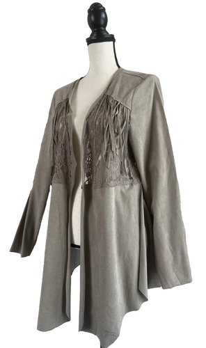 VOCAL Women's Sz XL TAUPE FAUX SUEDE CARDIGAN JACKET FRIDGE LACE - Picture 2 of 12