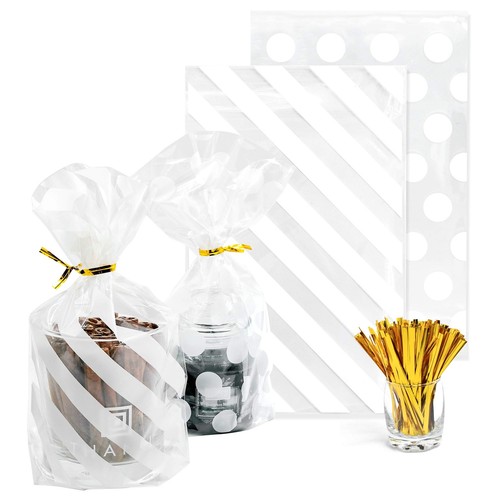 100 Stück Zellophantüten mit Seitenfalten weiß gepunktet Kekstüten und gestreiftem Kunststoff... - Bild 1 von 7
