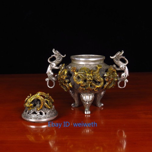 Old Tibet Silver Fengshui Nine Dragons Playing with Beads Incense Burner Censer - Picture 2 of 9