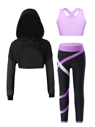 Kids Girls Set Camisole Outfit Fashion Crop Top Dance Hoodie Jazz Pant Workout - Picture 35 of 44