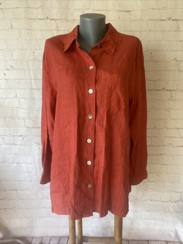 Chico's Design Red Orange Shirt Women 100% Linen Sz 2 Long Sleeve Button Up Eco
