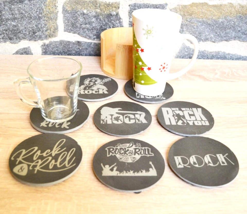 Juego 8 posavasos redondos de Pizarra colección Rock and Roll con grabado laser - Imagen 3 de 4