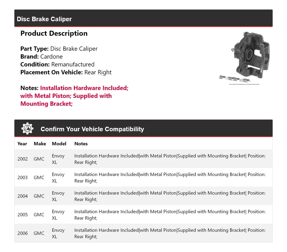 Pinza de freno de disco trasera derecha Cardone 2003 2004 2005 GMC Envoy XL 2002-2006 Foto 2 de 4
