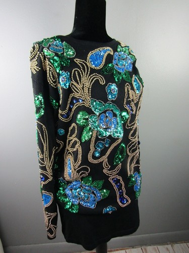 Carducci Vintage Black Green Blue Gold Beaded Sequin Jumper Sweater - Size L - Picture 6 of 14
