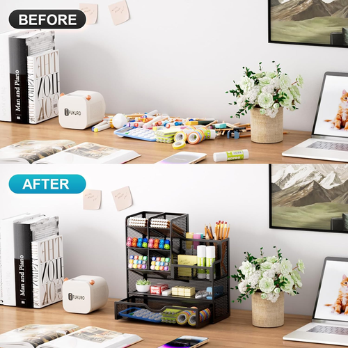 Marbrasse Mesh Pen Holder for Desk, Desk Organizer with Drawer, Multi-Functional - Picture 3 of 6