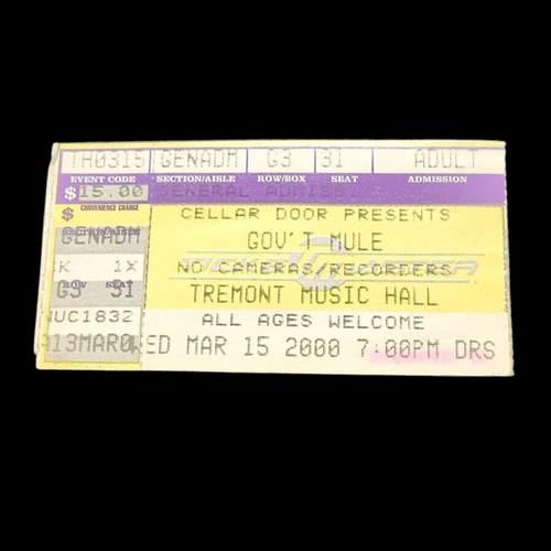GOV'T MULE 2000 Concert Ticket Stub Charlotte, NC Tremont Music Hall - Imagen 1 de 3