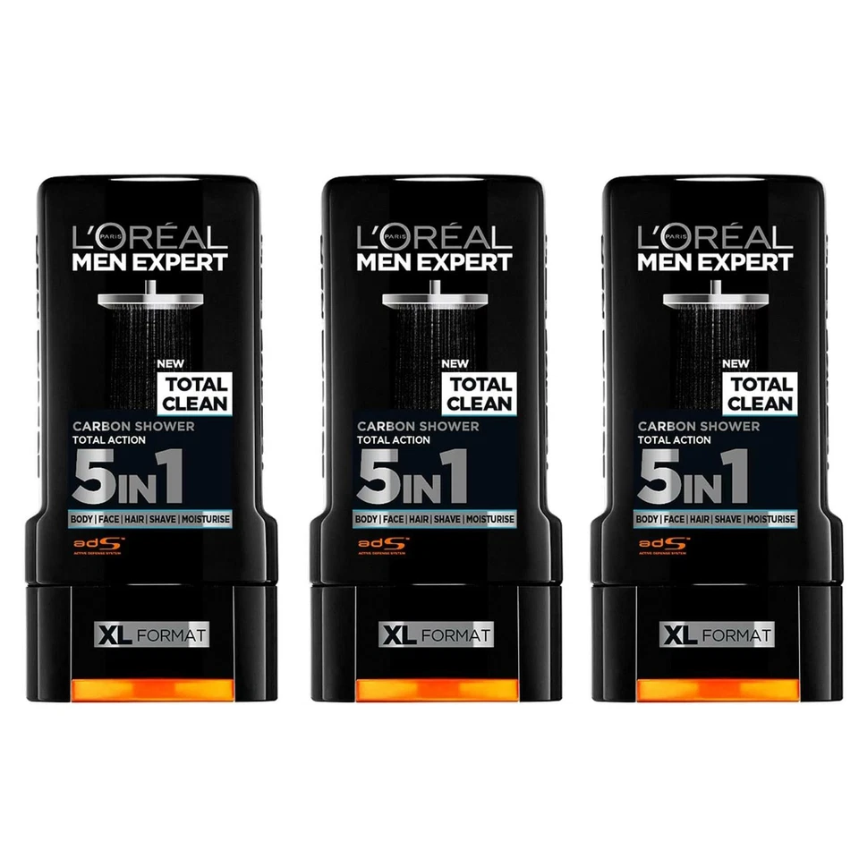 L'ORÉAL 3 x L'Oreal Men Expert Total Clean Carbon Shower Gel 300ml Face Body & Hair