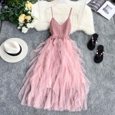 New Women Tulle Summer High Waist Mesh Dress Hem Asymmetrical Pleated Dress  | eBay