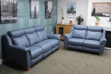 PARKER KNOLL MANHATTAN STATIC 3+2 SEATER SOFAS, ROMA STORM BLUE LEATHER RRP£6753