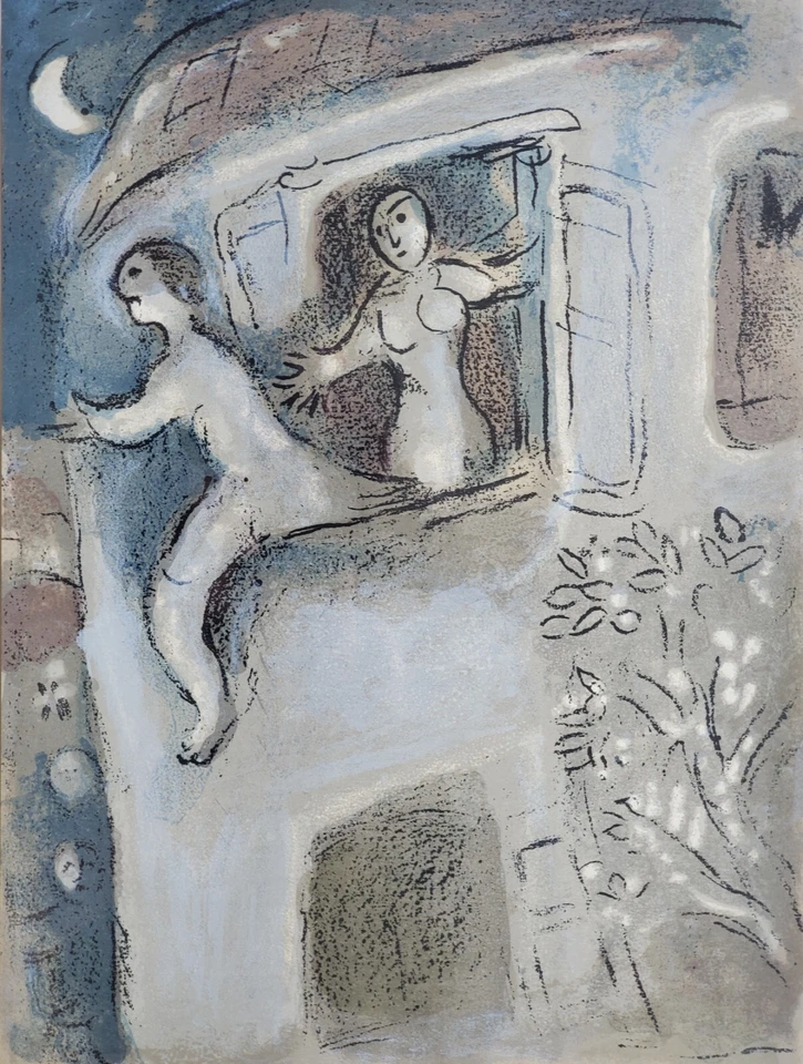 Grafik Print Lithografie Marc Chagall Lovers Liebespaar 50er - Bild 3 von 4