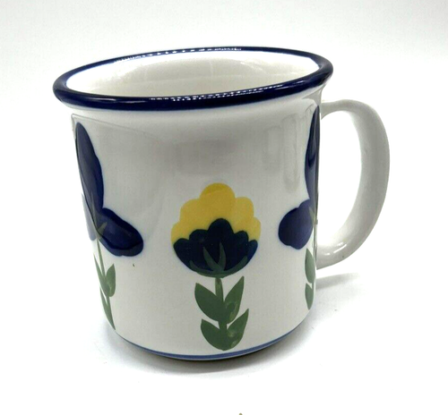 4 Vtg Dansk San Nicolo Coffee Mugs Blue Yellow Flowers Scandinavian Design - Picture 2 of 5
